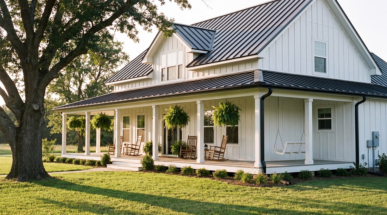A white house with a porch, rocking chairs and a green lawn